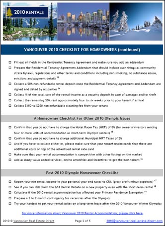 Page 2 of the BEST 2010 Landlord Guidebook which services as a checklist and guide for Vancouver homeowners renting their furnished homes and suites