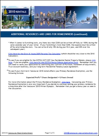 Page 5 covers additional links and resources in the Landlord 2010 Homeowners Guide to renting furnished suites during the Winter Games