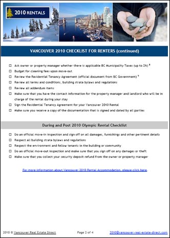 Page 2 of the Useful Checklist Renters 2010 Guidebook for the Vancouver Olympic Winter Games