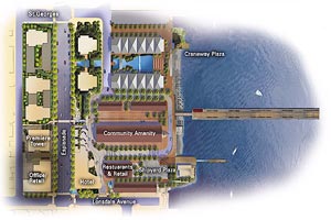 The site plan for the masterplanned waterfront Pier Lower Lonsdale property development that is the largest of its kind in the Lower Mainland. True North Shore waterfront condo living is now within grasp