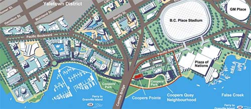 Map of the False Creek Coopers Pointe Vancouver condominium development neighbourohod along the waterfront